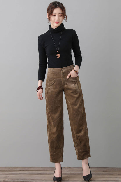 Women Khaki Corduroy Pants C2561#
