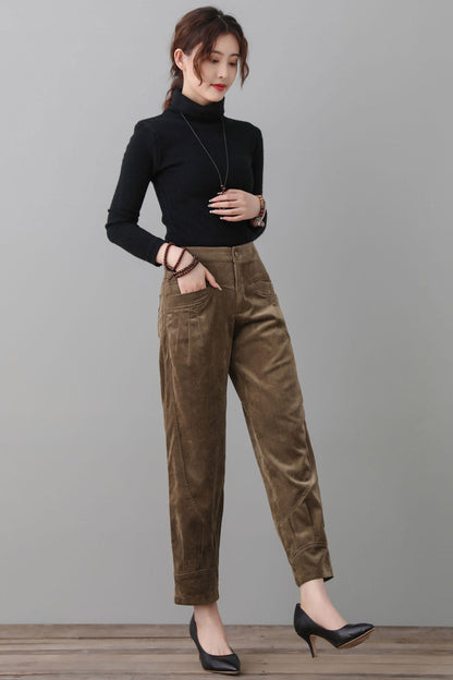 Women Khaki Corduroy Pants C2561#