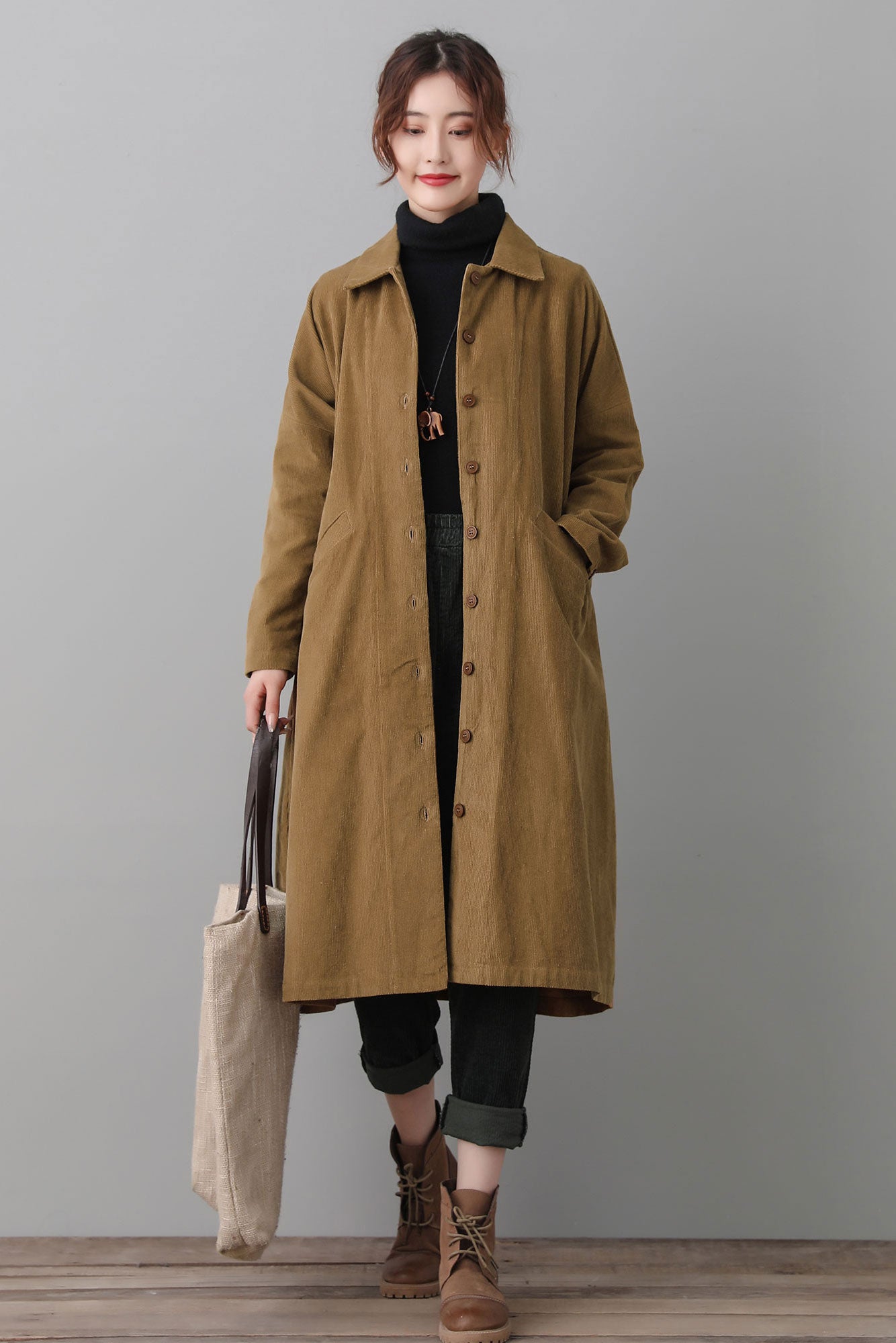 Vintage Inspired Brown Corduroy Trench Coat C2563