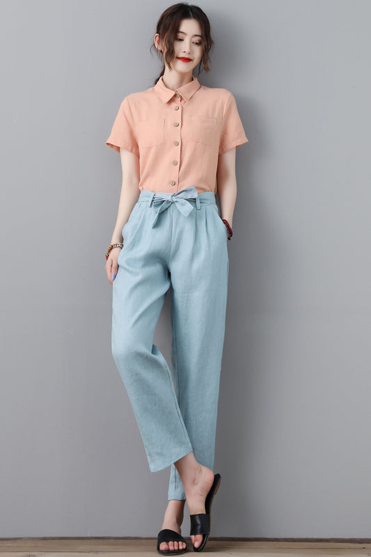 Women's Blue Cropped Linen Pants C2305