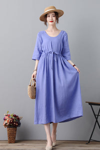 Purple 3/4 Sleeve Pleated Linen Dress With Drawstring C2314