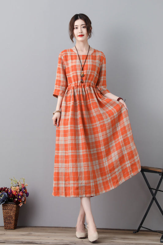 Vintage Inspired Plaid Linen Dress With Drawstring C231701