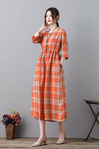 Vintage Inspired Plaid Linen Dress With Drawstring C231701