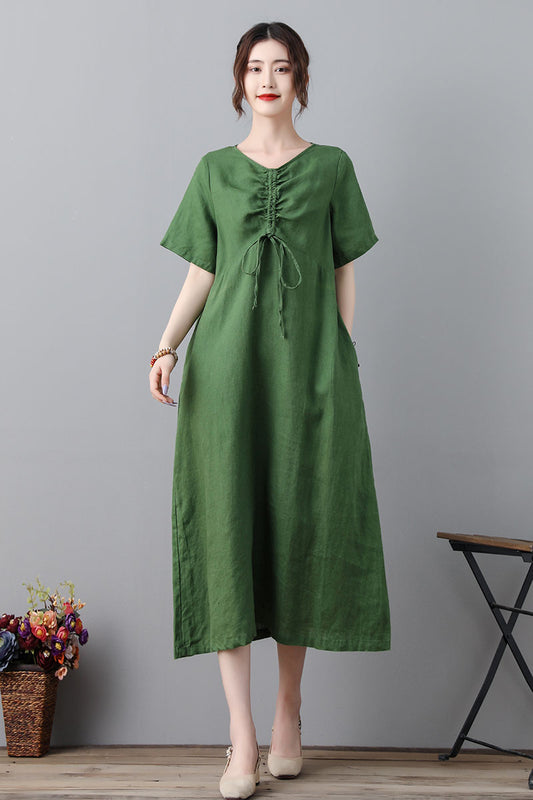 Green Simple Midi Linen Dress For Women C2318