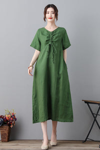 Green Simple Midi Linen Dress For Women C2318