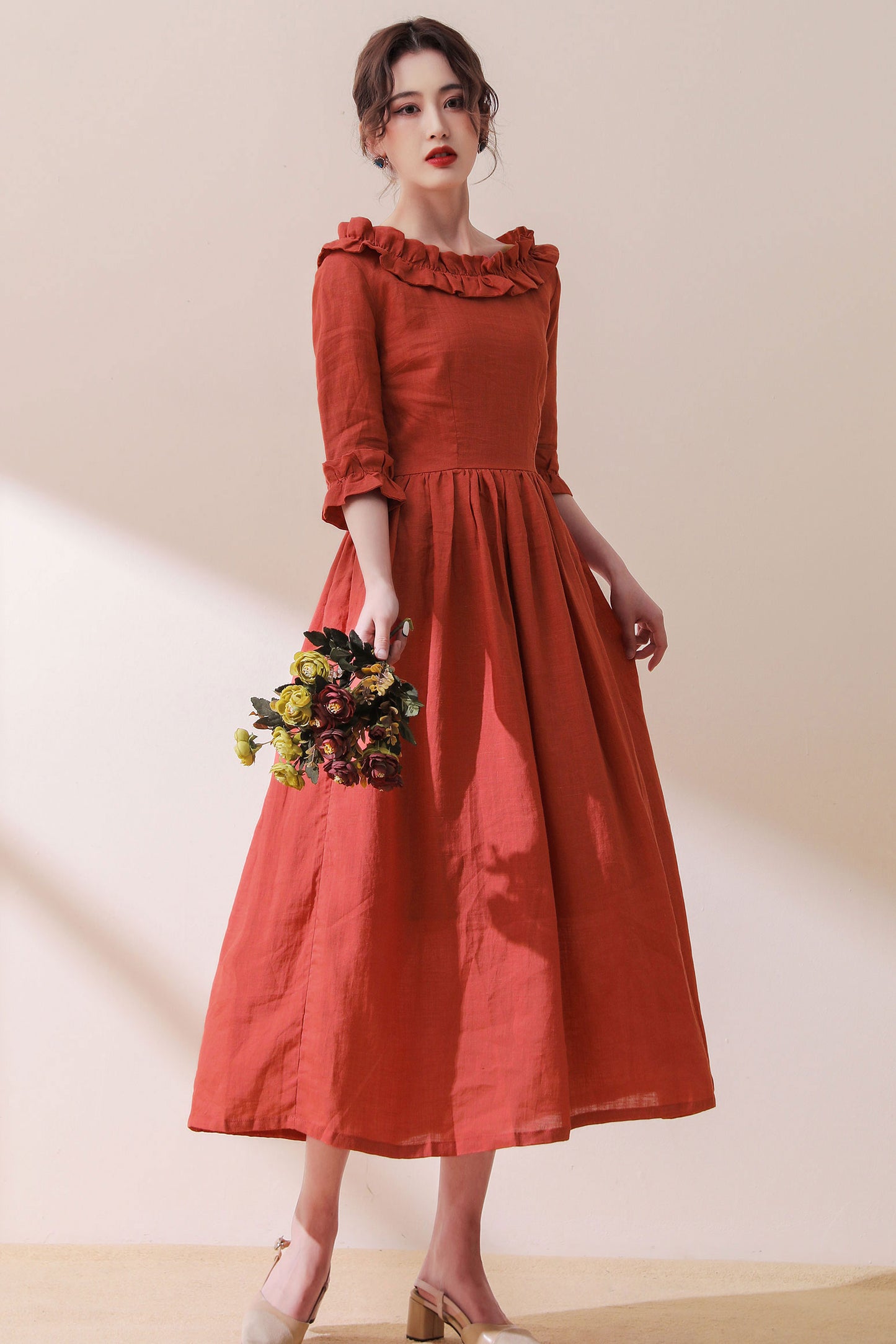 Beige Linen Midi Dress with Ruffle Neckline and Tie Waist