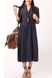 loose fit long sleeve cotton linen dress A006