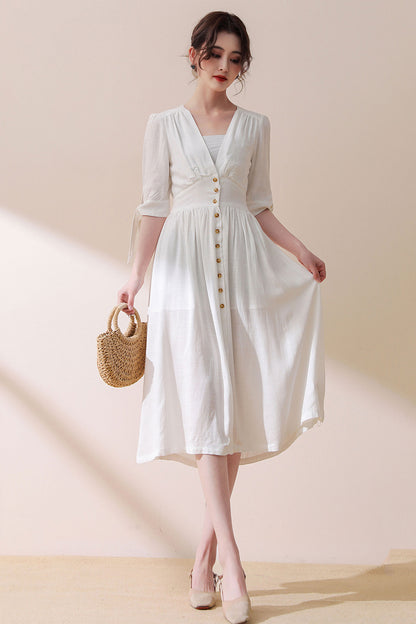 Deep V Neck White Linen Dress C3187