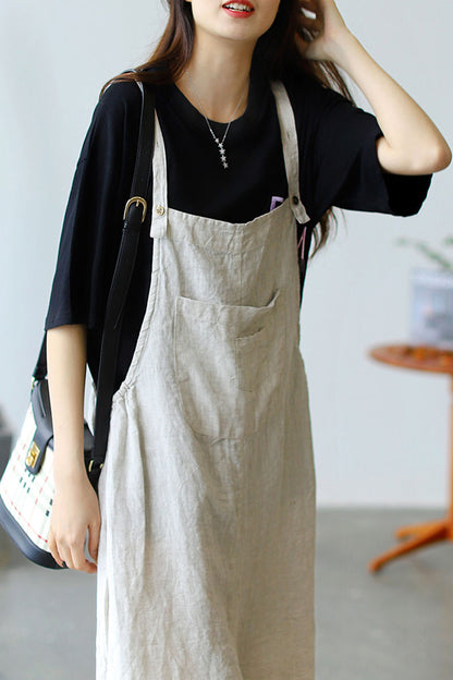 Casual Cropped Linen Jumpsuits in Natural Linen Color C2388