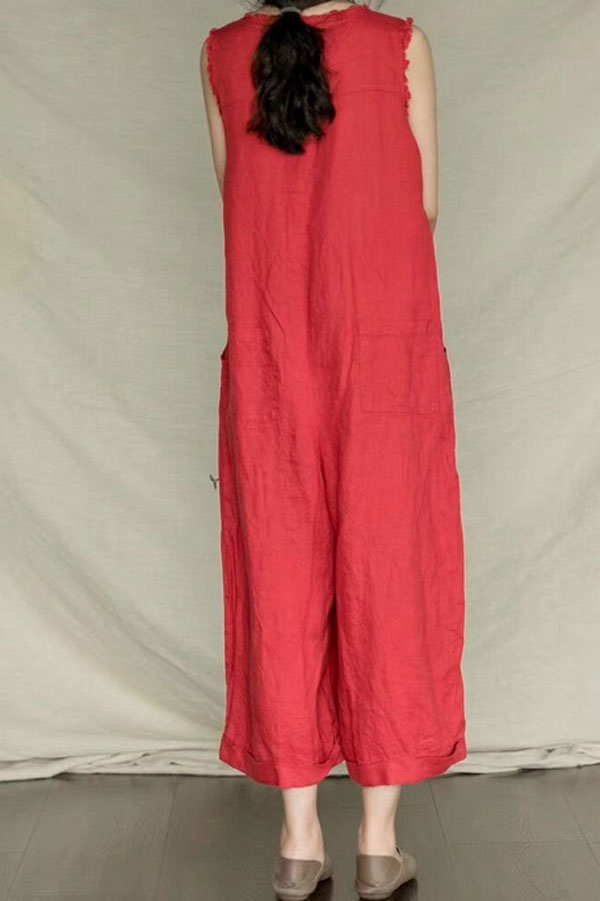 Round Neck Red Linen Jumpsuits C2395