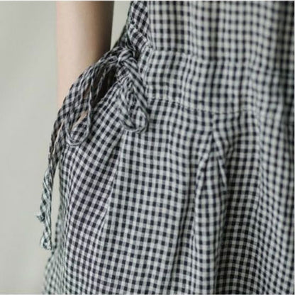 Casual Black Plaid Cotton Linen Jumpsuits C2387