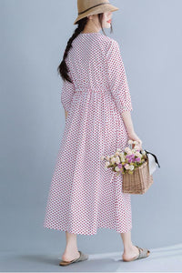 Cotton round collar long dress waist show slim temperament dress 190233