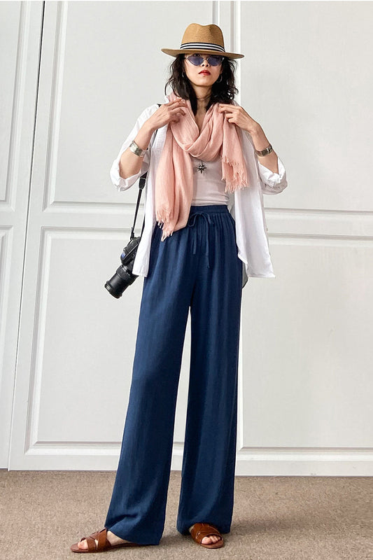 White Cotton Linen Wide Leg Pants - Elastic Waist Relaxed Fit C2887