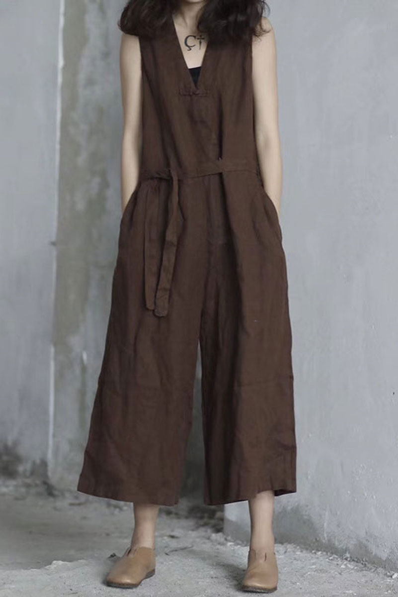 Black Linen Jumpsuit - V-Neck, Loose Fit C2393
