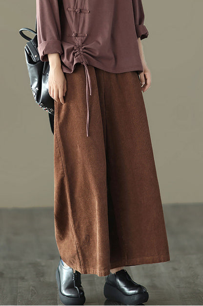 Brown Elastic Waist Wide Leg Corduroy Pants C2443