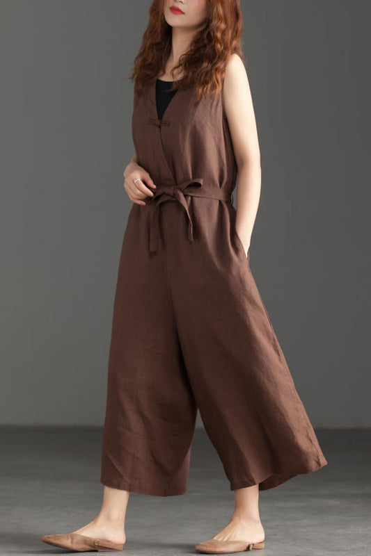 Brown Linen Wide Leg Jumpsuit - Soft Fabric with Side Pockets C2392
