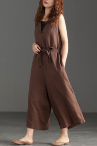 Deep V Neck Linen Jumpsuits in Coffee Color C2392