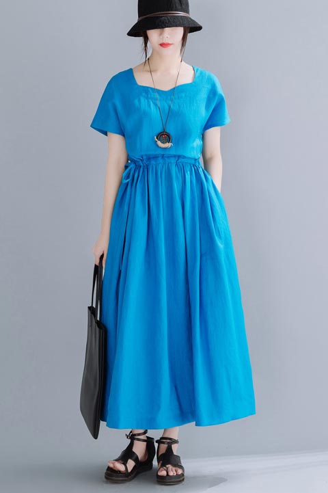 H line linen maxi dress with medium waist, round neck 190227