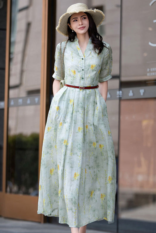 Green Floral Linen dress c2832