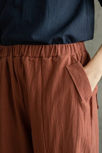 Loose Coffee Elastic Waist Linen Cropped Pants c2855