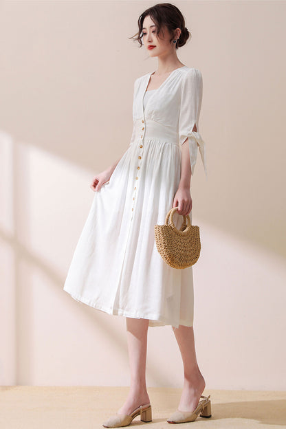 Deep V Neck White Linen Dress C3187