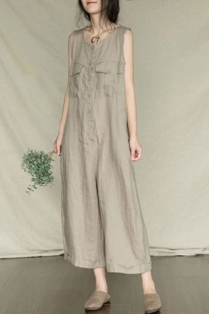Round Neck Khaki Linen Jumpsuits C2396