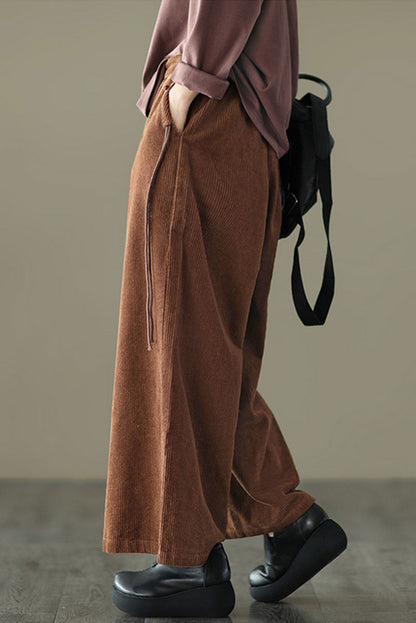 Brown Elastic Waist Wide Leg Corduroy Pants C2443