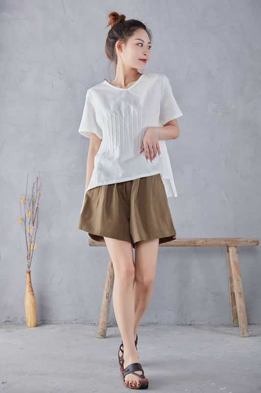 V Neck Basic Short Sleeve Linen Tops  C2248#YY02993