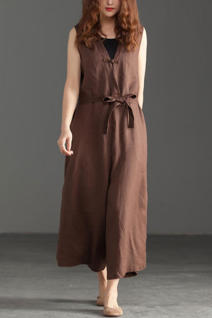 Deep V Neck Linen Jumpsuits in Coffee Color C2392