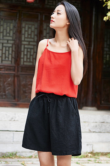 Beige Cotton Linen Short Pants - Wide Leg, Elastic Waist C2827