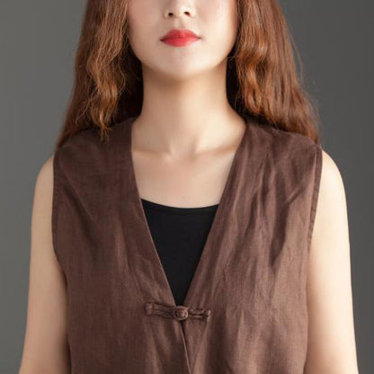 Deep V Neck Linen Jumpsuits in Coffee Color C2392