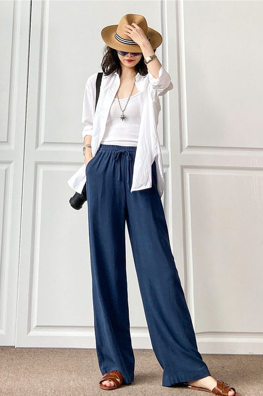 White Cotton Linen Wide Leg Pants - Elastic Waist Relaxed Fit C2887
