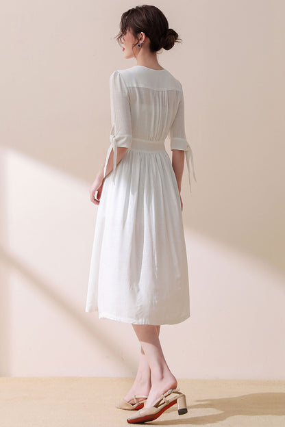 Deep V Neck White Linen Dress C3187