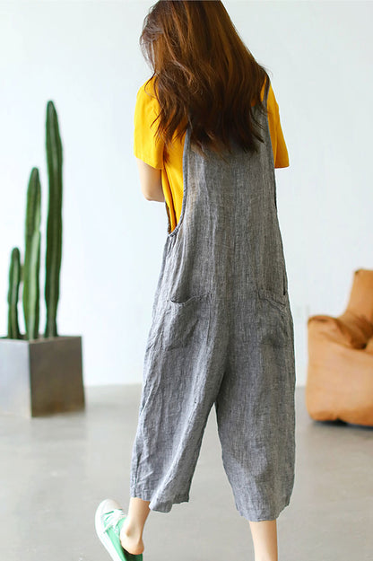 Casual Cropped Linen Jumpsuits in Gray C2389