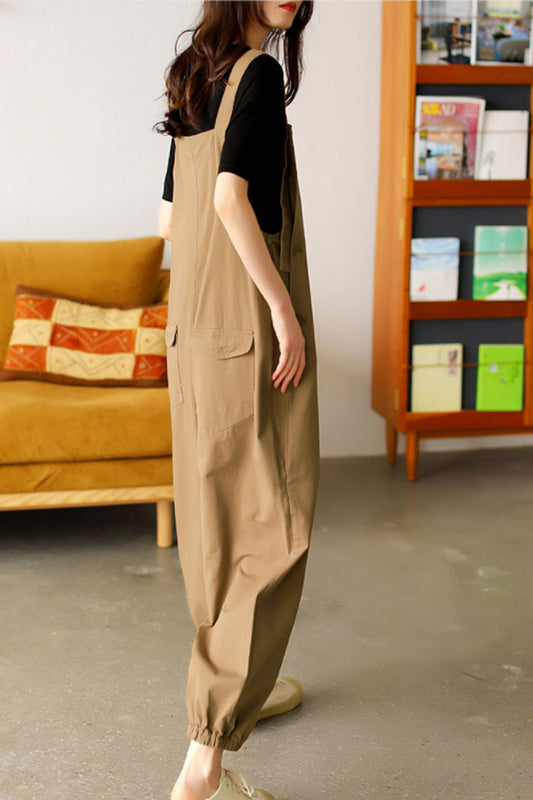 Casual Cotton Jumpsuits in Khaki C2382