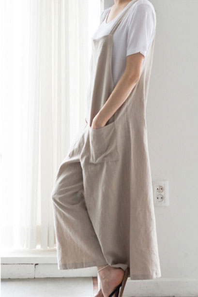 Casual Beige Linen Jumpsuits C2386