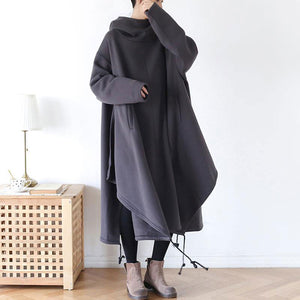 Loose Fit Hooded Cotton Dress Coat With Asymmetrical Hem C2452