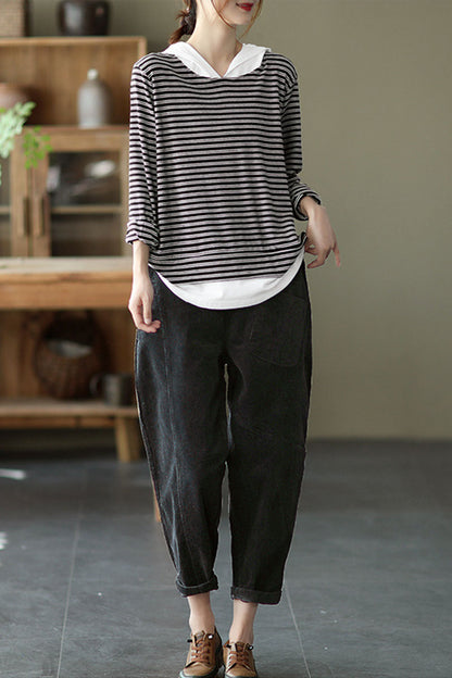 Black Elastic Waist Corduroy Pants C2439