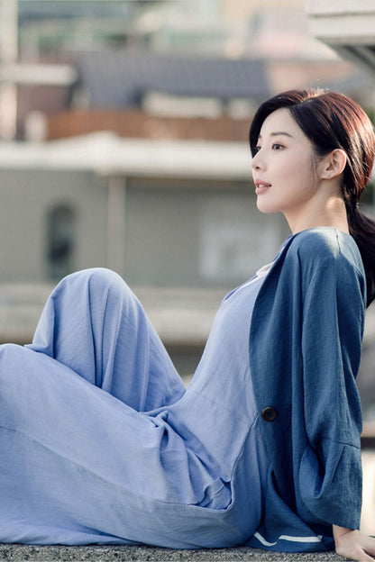 Casual Light Blue Linen Jumpsuits C2384