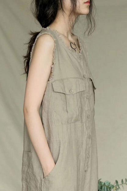 Round Neck Khaki Linen Jumpsuits C2396