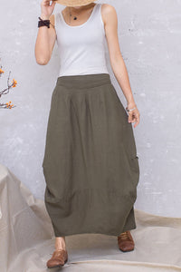 Army green Linen Maxi Summer Casual Long Skirt C2806#CK2201386