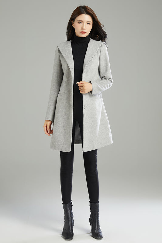 Winter Gray Hooded Wool Coat C2990