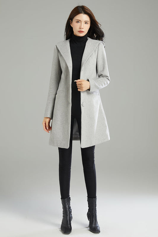 Winter Gray Hooded Wool Coat C2990#,Size 170-XS CK2202236