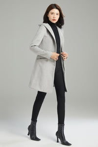 Winter Gray Hooded Wool Coat C2990#,Size 170-XS CK2202236