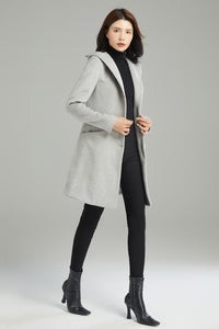 Winter Gray Hooded Wool Coat C2990