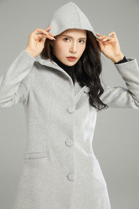 Winter Gray Hooded Wool Coat C2990
