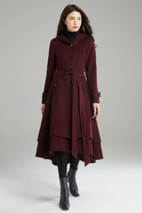 Wine red Hooded Wool Coat C2992#