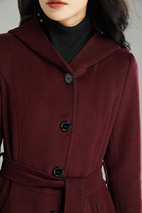 Wine red Hooded Wool Coat C2992#