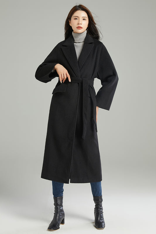 Women Black Casual Wool Coat C3002