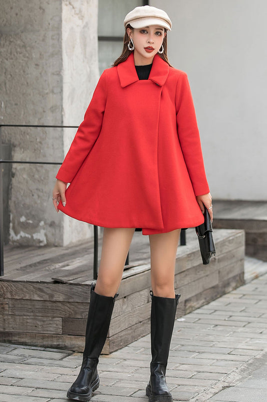 Red Women's Wool Cape Coat C2539, Size S #CK2101478